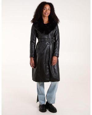 Blue Vanilla Faux Fur Pu Longline Coat - Black
