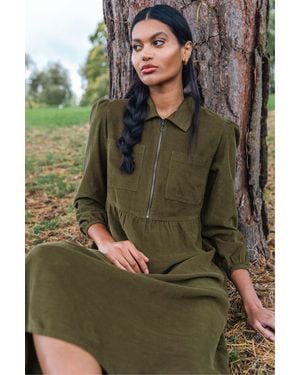 Roman Corduroy Zip Detail Midi Dress - Green