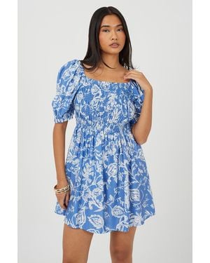 Brave Soul Smocked Short Sleeve Mini Dress - Blue