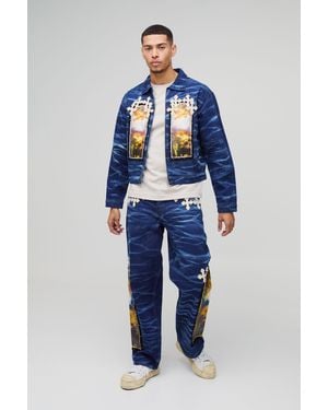 BoohooMAN Relaxed Cross Applique Crinkle Washed Jeans - Blue