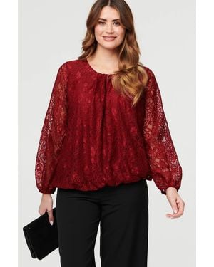 Izabel London Burgundy Floral Lace Semi Sheer Ruched Blouse - Red