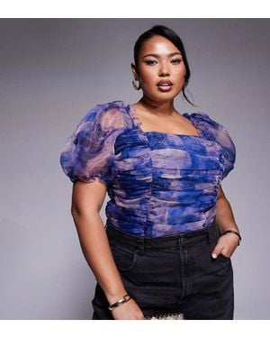 In The Style Plus Puff Sleeve Organza Bodysuit - Purple
