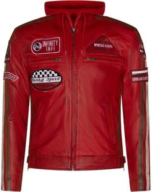 Infinity Leather Racing Hooded Biker Jacket-Detroit - Red