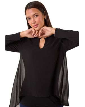Roman Ring Front Chiffon Overlay Tunic Top - Black