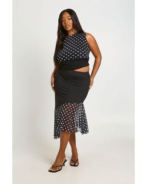 Boohoo Plus Polka Dot Mix Asymmetric Midi Skirt - Black