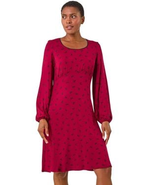 Roman Bow Print Lace Detail Stretch Dress - Red