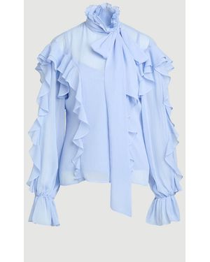 Karen Millen Ruffle Front Crinkle Georgette Pussy Bow Blouse - Blue