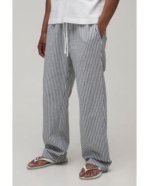 BoohooMAN Relaxed Pinstripe Linen Look Trousers - Grey