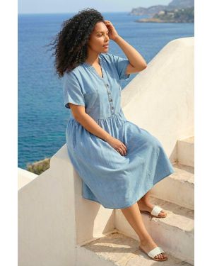 Roman Curve Buttoned Shirt Dress - Blue