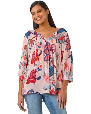 Roman Floral Print Tie Front Top - Red