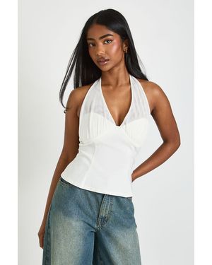 Boohoo Mesh Halterneck Bengaline Top - White