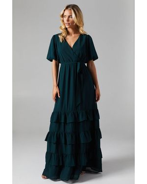 Oasis Petite V Neck Puff Sleeve Tiered Georgette Bridesmaids Dress - Blue