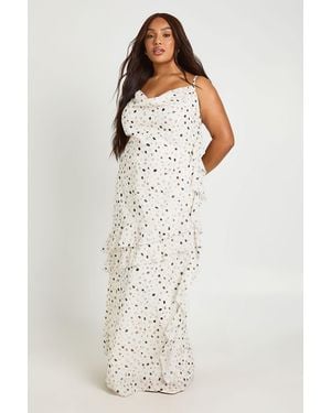 Boohoo Plus Polka Dot Chiffon Cowl Ruffle Maxi Dress - Natural