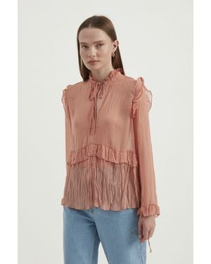 Hiccup High Neck Ruffled Tiered Vintage Blouse With A Drawstring - Orange