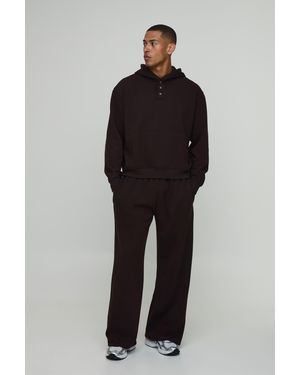 BoohooMAN Oversized Boxy Henley Hoodie And Wide Leg Jogger - Black