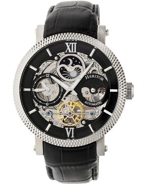 Heritor Aries Skeleton Leather-Band Watch - Metallic