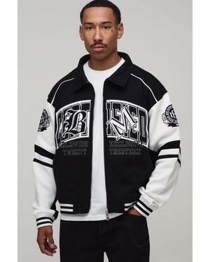 BoohooMAN Regular Fit Collared Certified Varsity Jersey Jacket - Black