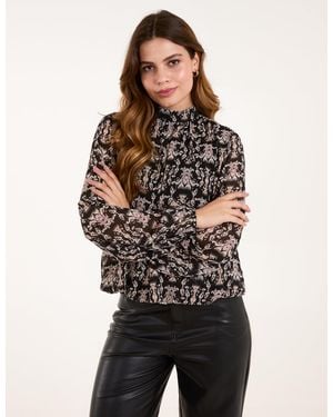 Blue Vanilla Bubble Hem High Neck Printed Top - Black