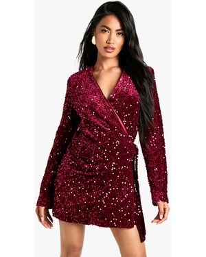 Boohoo Velvet Sequin Wrap Playsuit - Red