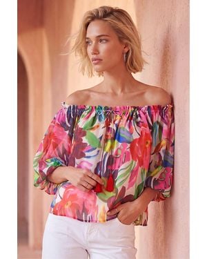 Roman Floral Print Tie Front Bardot Top - Pink