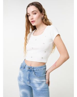 Pink Vanilla Embellished Wash Rib Top - White
