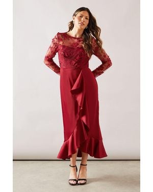 Wallis Occasion Satin And Mesh Overlay Ruffle Maxi Dress - Red