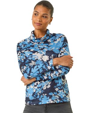 Roman Floral Print Cowl Neck Top - Blue