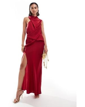 ASOS Satin Asymmetric Neck Maxi Dress With Puddle Hem - Red