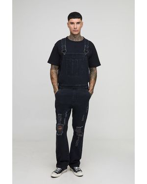 BoohooMAN Tall Straight Leg Distressed Dungarees - Blue