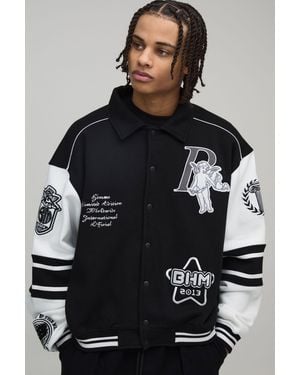 BoohooMAN Boxy 13 Applique Jersey Varsity Bomber Jacket - Black