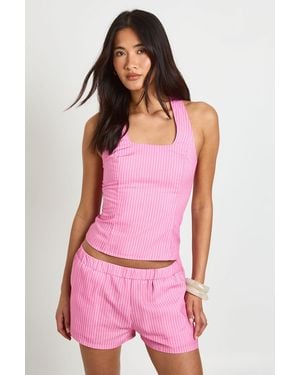 Boohoo Halter Stripe Fitted Lace Up Top - Pink