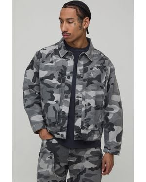BoohooMAN Camo Removable Carpenter Panel Regular Fit Denim Jacket - Grey