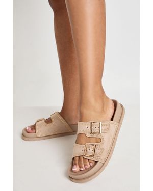 Boohoo Faux Suede Stud Detail Double Buckle Sliders - Grey