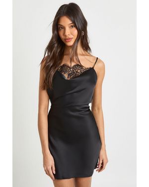 Boohoo Satin Lace Cowl Neck Mini Slip Dress - Black