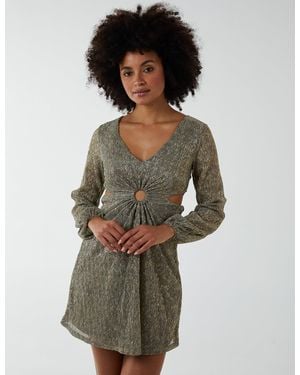 Blue Vanilla V-Neck Long Sleeve Lurex Dress - Metallic