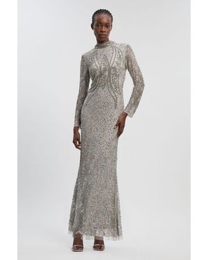 Karen Millen Crystal Embellished Long Sleeve Woven Maxi Dress - Grey