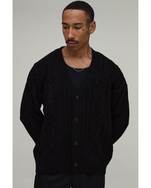BoohooMAN Relaxed Fit Cable Knit Knitted Cardigan - Black