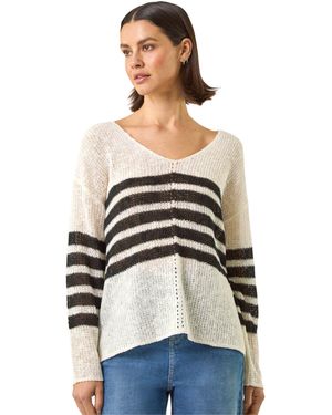 Roman Stripe V-Neck Knit Jumper - Natural
