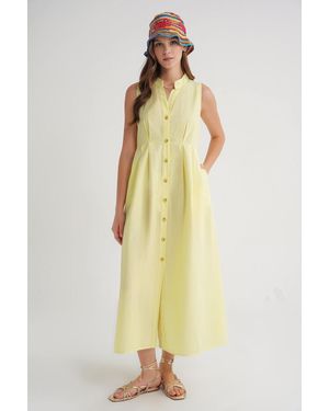 MixRay Buttoned Tippet Collar Maxi Dress - Yellow