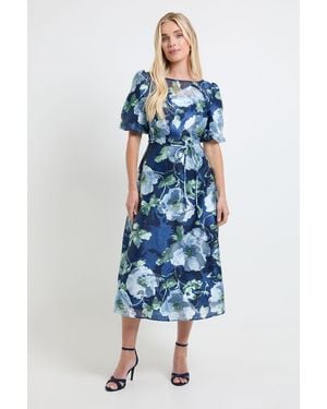 Wallis Petite Floral Organza Puff Sleeve Midi Dress - Blue