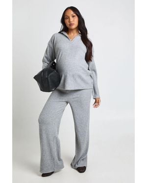 Boohoo Maternity Soft Rib Collared Top & Trouser Lounge Set - Grey