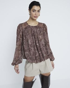 River Island Blouse Chiffon Paisley Bubble Hem - Brown