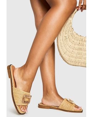 Boohoo Raffia Embellished Buckle Sandals - Natural