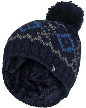 Heat Holders Fleece Lined Thermal Winter Warm Beanie Bobble Hat With Pom Pom - Blue