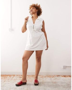 Noisy May Curve Tie Front Broderie Polo Dress - Pink