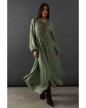 Warehouse Tufted Dobby Chiffon Button Front Tie Neck Hanky Hem Midi - Green