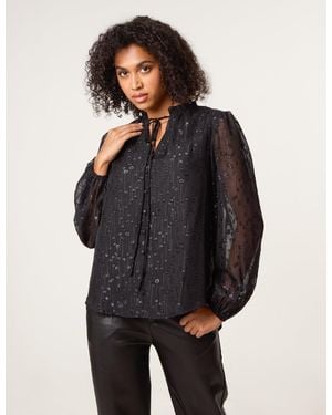 Blue Vanilla Jacquard Button And Tie Front Blouse - Blue