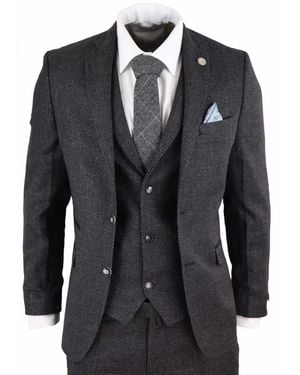 TruClothing 3 Piece Herringbone Tweed Suit Wool Blend - Black