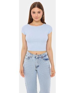 Hiccup Basic Round Neck Short Sleeve Cropped Top - Blue