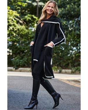 Sosandar Contrast Trim Cardigan With Scarf - Green